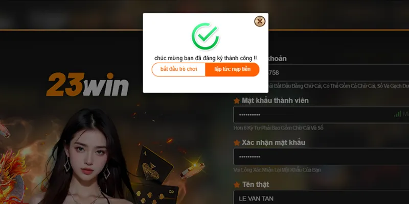 Tạo tài khoản thành công 23WIN